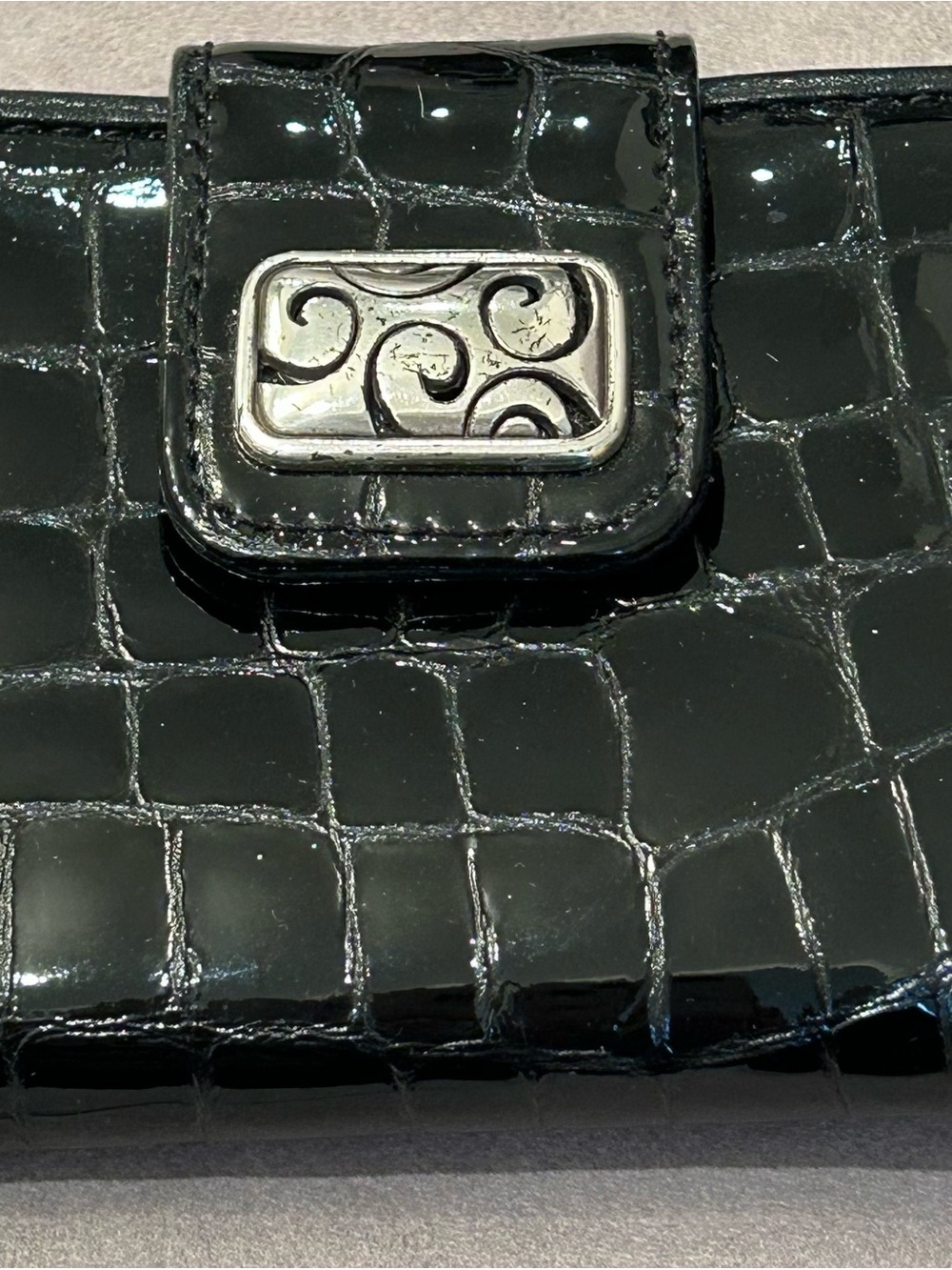 Brighton Black Patent Croc-Embossed Wallet with Silver Tone Accent